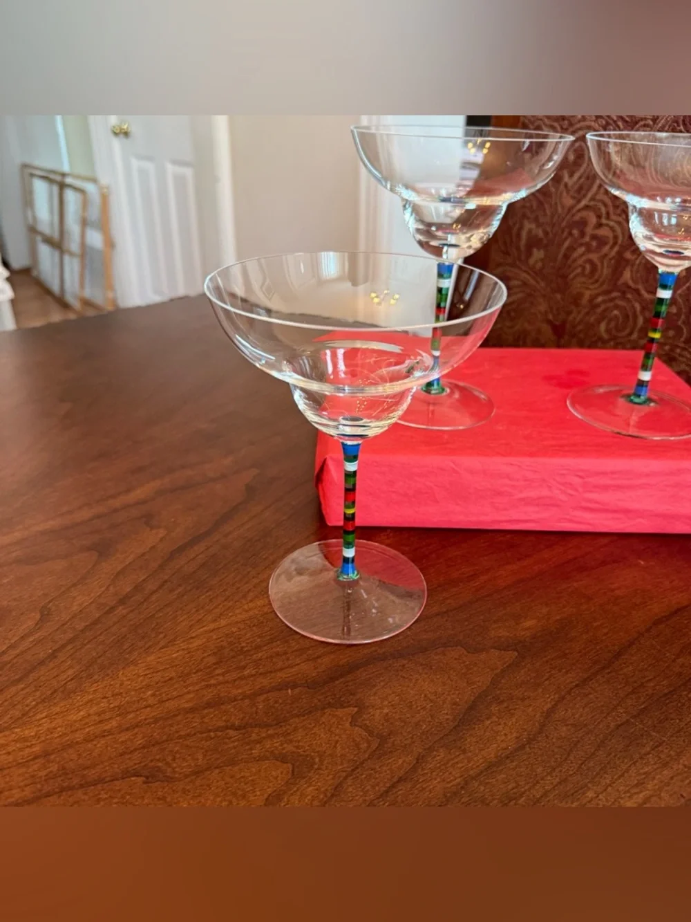3 Crate & Barrel Caprice Margarita Glasses Multi-Color STRIPE STEM Hungary *READ